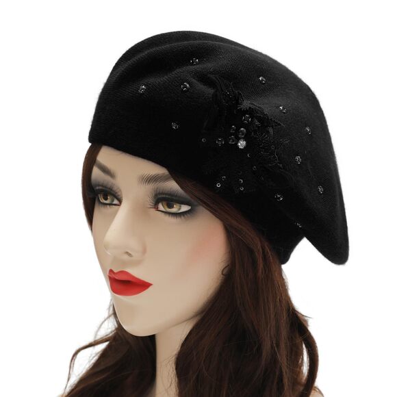 5149 Womens French Beret Hat, Reversible Solid Color Cashmere Knit Warm Beret